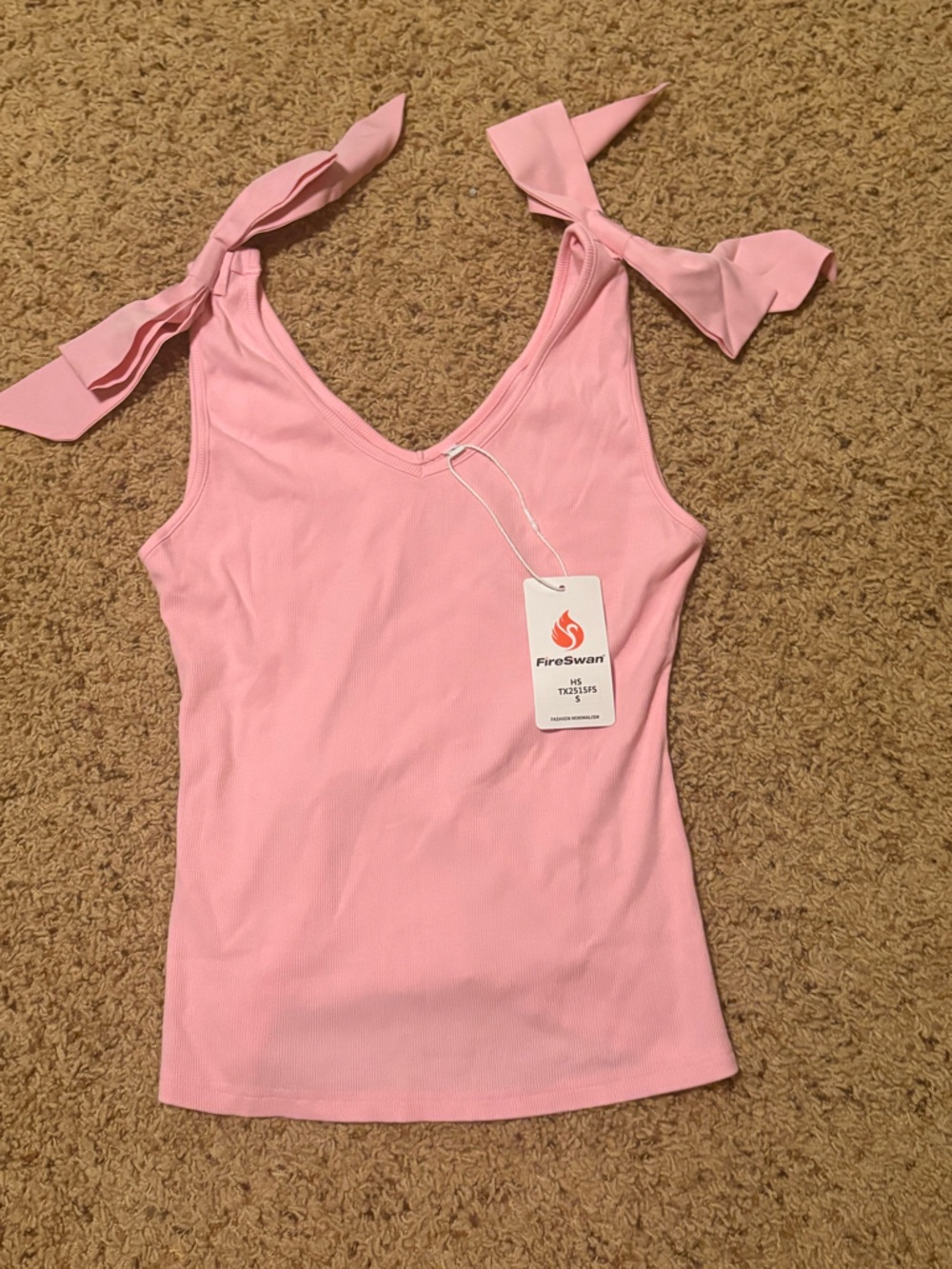 Pink Ribbed Tie-Shoulder Tank Top